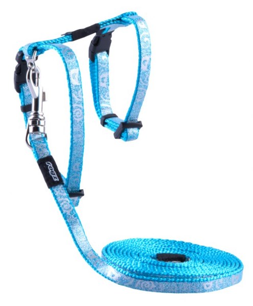 Rogz Yavru Kedi Göğüs Tasması Seti Kedi Desenli Turkuaz Xsmall 8 mm 19,8-30 cm