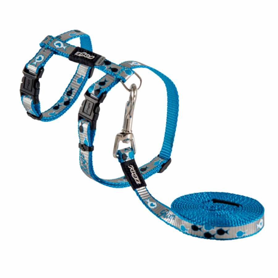 Rogz Kedi Göğüs Tasması Seti Balık Desenli Reflektorlü Mavi Small 11 mm 24-40 cm