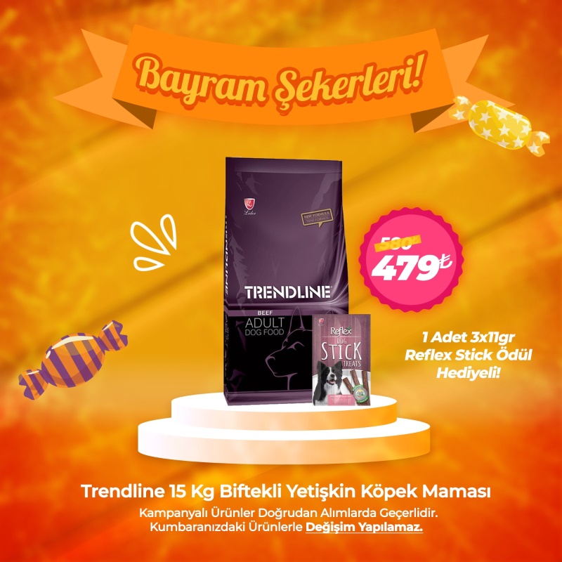 Trendline 15 Kg Biftekli Yetişkin Köpek Maması - 1 Adet 3x11gr Reflex Stick Ödül Hediyeli!