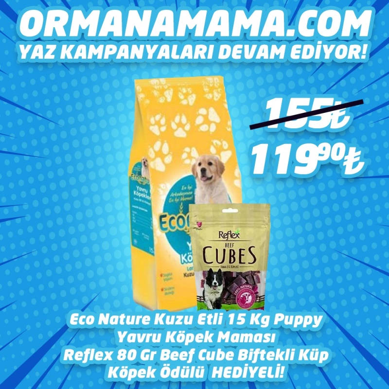 Eco Nature 15 Kg Kuzu Etli Puppy Yavru Köpek Maması Reflex 85 Gr Beef Cube Ödül Maması Hediyeli