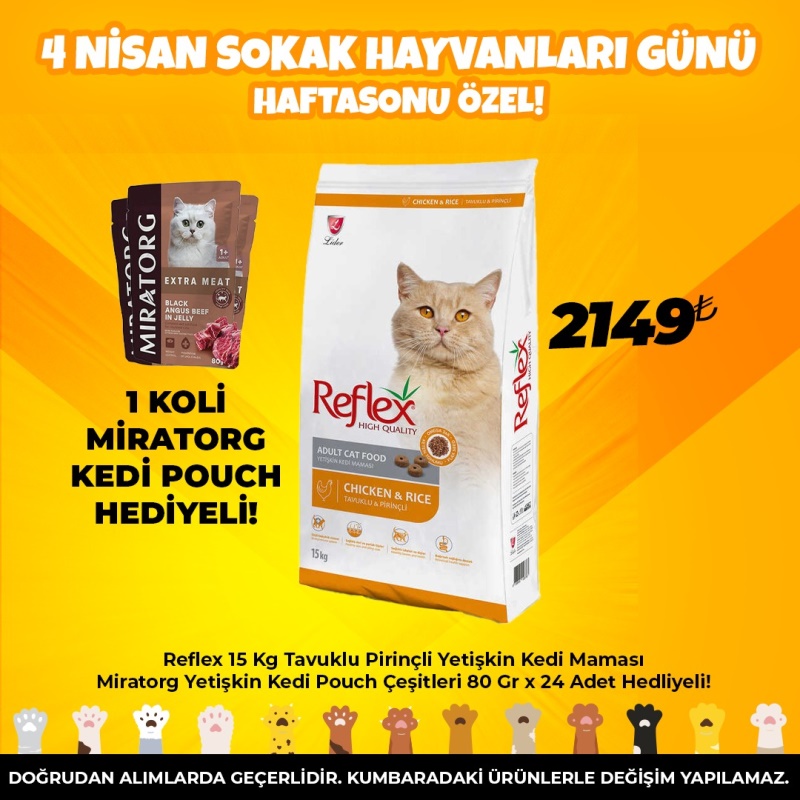 Reflex 15 Kg Tavuklu Pirinçli Yetişkin Kedi Maması Miratorg Yetişkin Kedi Pouch Çeşitleri 80 Gr x 24 Adet Hedliyeli