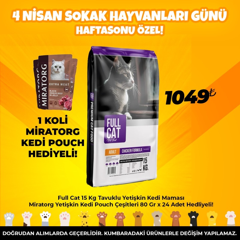 Full Cat 15 Kg Tavuklu Yetişkin Kedi Maması Miratorg Yetişkin Kedi Pouch Çeşitleri 80 Gr x 24 Adet Hedliyeli