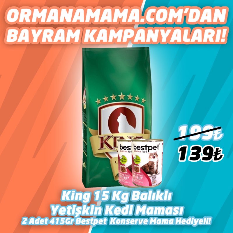 King Balıklı Kedi Maması 15 Kg  2 Adet Bestpet Konserve Hediye