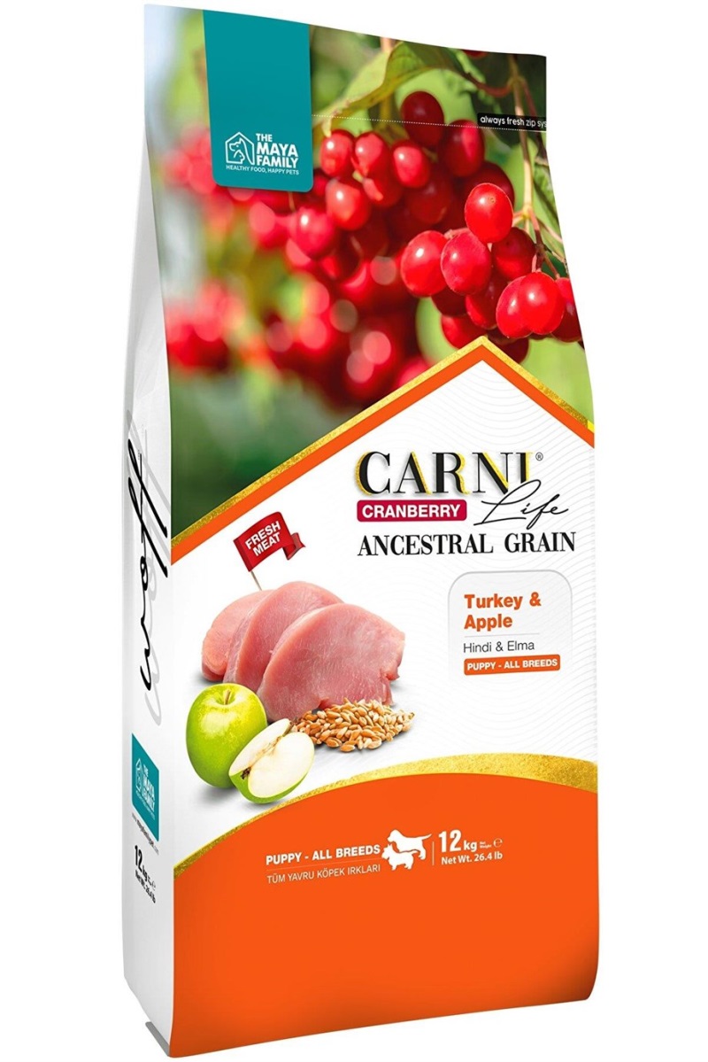 Carni Life Kızılcık Hindi Etli ve Elmalı Tüm Irklar İçin Yavru Köpek Maması 12 Kg