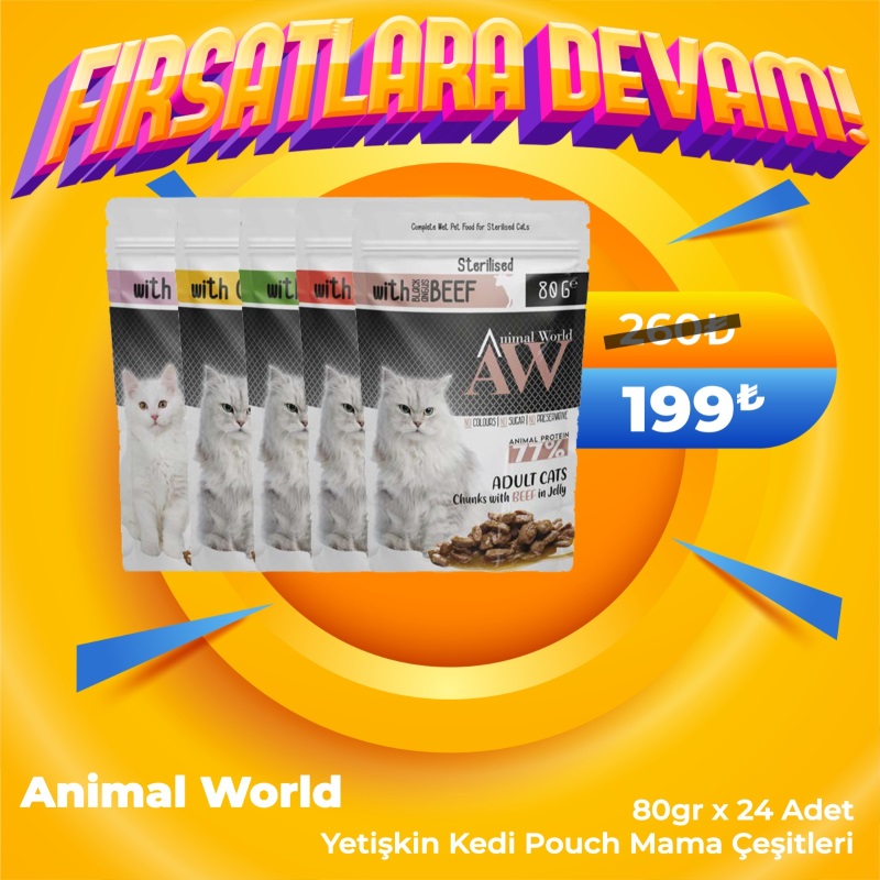 Animal World Yetişkin Kedi Pouch Mama Çeşitleri 80 grx24 Adet
