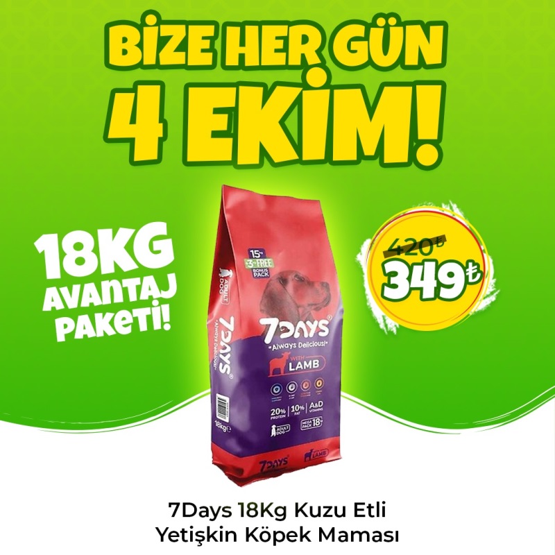 7 Days Kuzu Etli Yetişkin Köpek Maması 18 Kg