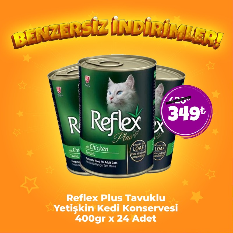 REFLEX PLUS TAVUKLU KEDİ KONS.PATE ET PARÇ. 400GR x 24 Adet