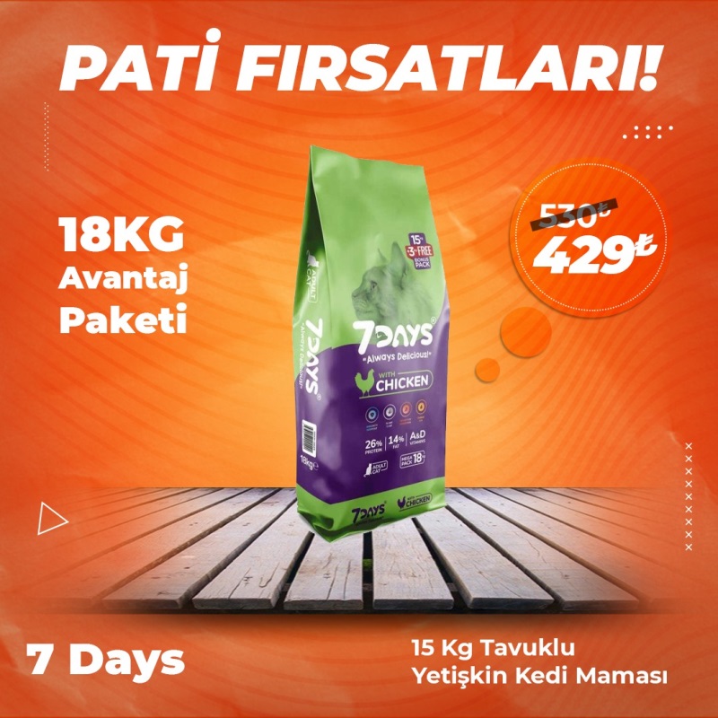 7 Days Tavuk Etli Yetişkin Kedi Maması 18 Kg