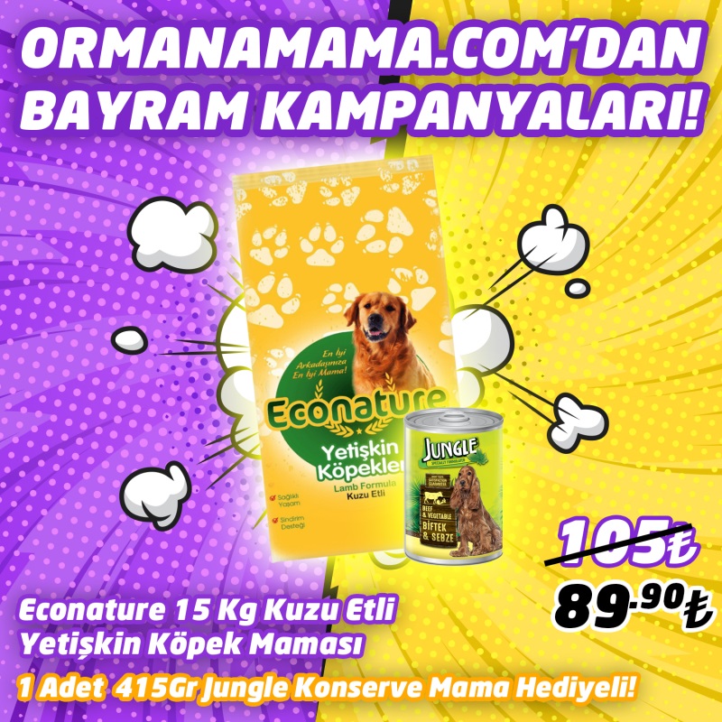 Eco Nature Kuzu Etli 15 Kg Yetişkin Köpek Maması   1 Adet 415 Gr Jungle Konserve Mama Hediye