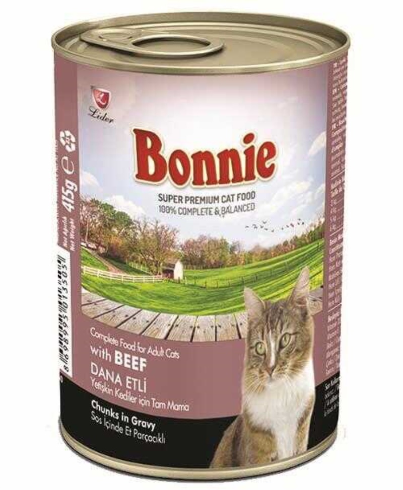 Bonnie Sos İçinde Parçacıklı Dana Etli Yetişkin Kedi Konserve Maması 400 Gr x 24 Adet