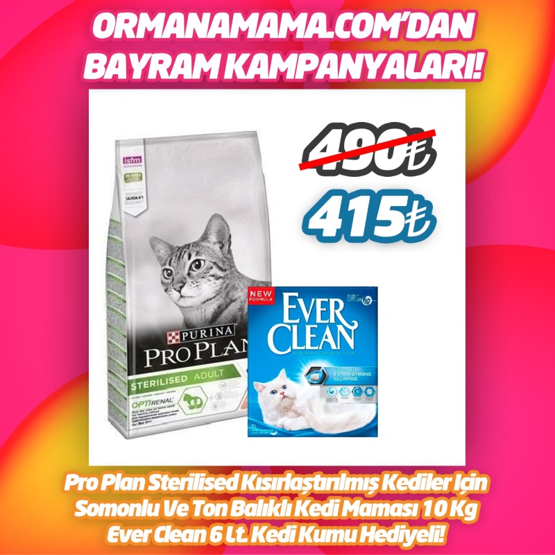 proplan Sterilised Kısırlaştırılmış Kediler Için Somonlu Ve Ton Balıklı Kedi Maması 10 Kg Ever Clean 6 Lt. Kedi Kumu Hediyeli