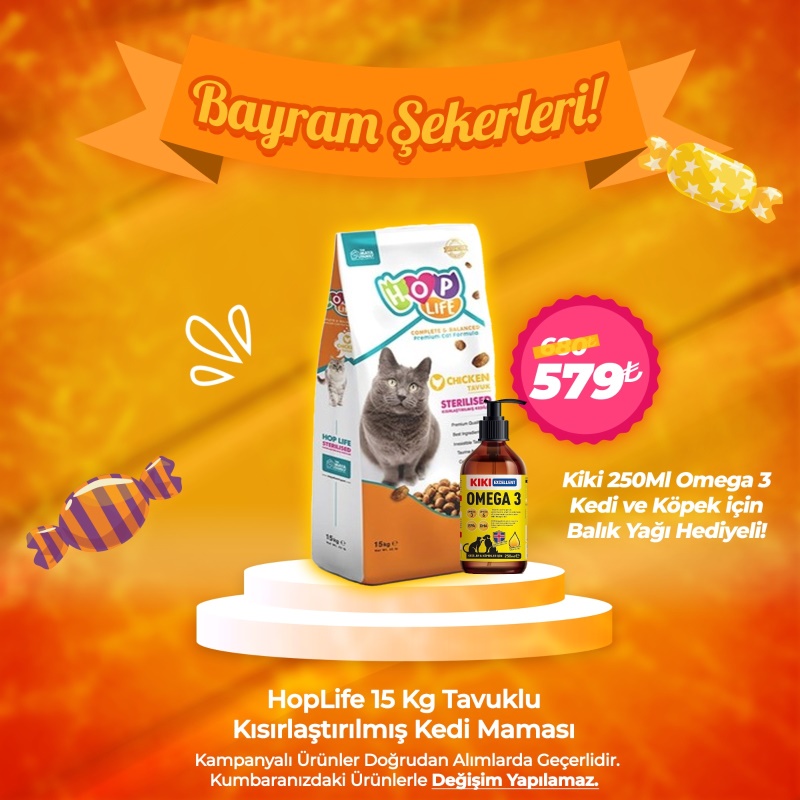 Hoplife 15 Kg Tavuklu Sterilised Kedi Maması - 1 Adet Kiki 250ml Omega 3 Balık Yağı Hediyeli!