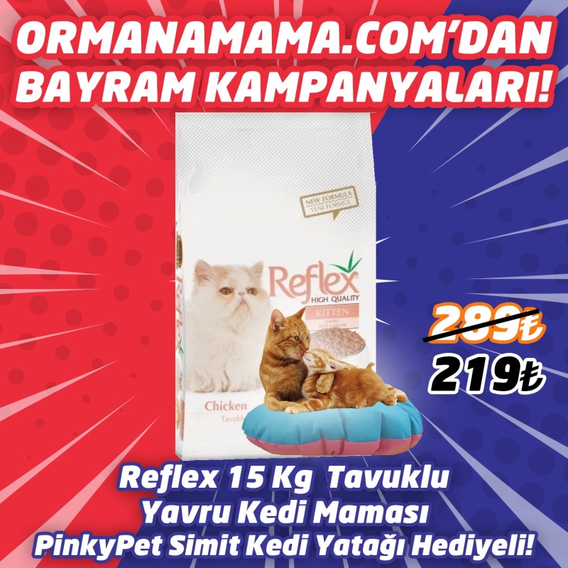 Reflex Tavuklu Yavru Kedi Maması 15 Kg  PinkyPet Simit Kedi Yatağı Hediye