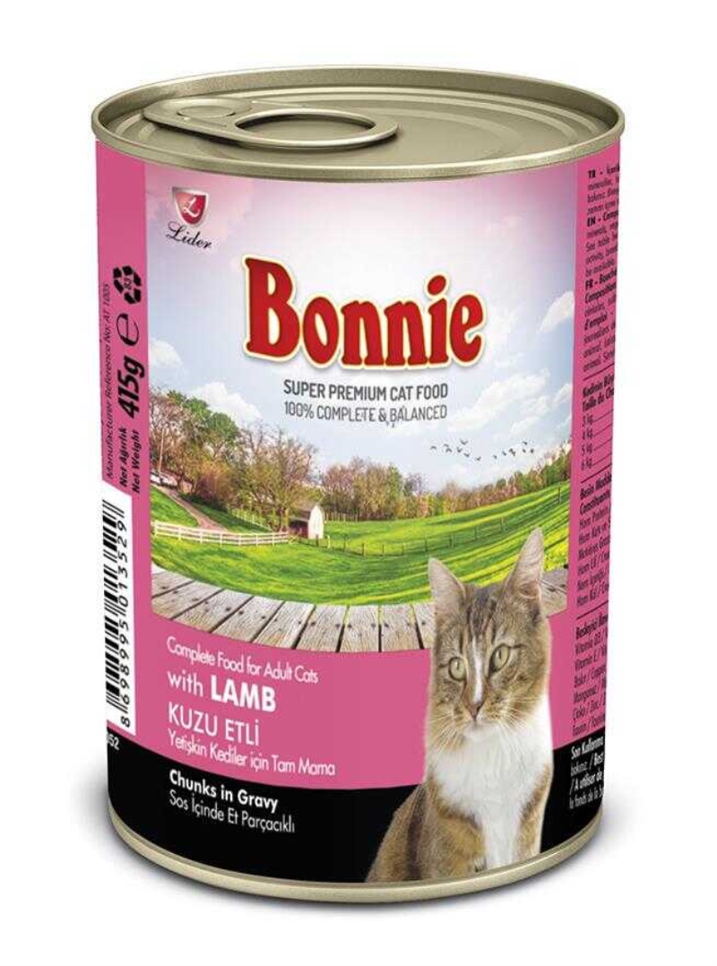 Bonnie Sos İçinde Parçacıklı Kuzu Etli Yetişkin Kedi Konserve Maması 400 Gr x 24 Adet