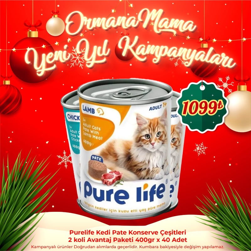 Purelife Kedi Pate Konserve çeşitleri 2 koli Avantaj Paketi (40 Adet)