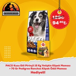 Paco Kuzu Etli Pirinçli Yetişkin Köpek Maması 15 Kg + 70 Gr Pedigree Ranchos Ödül Maması Hediye