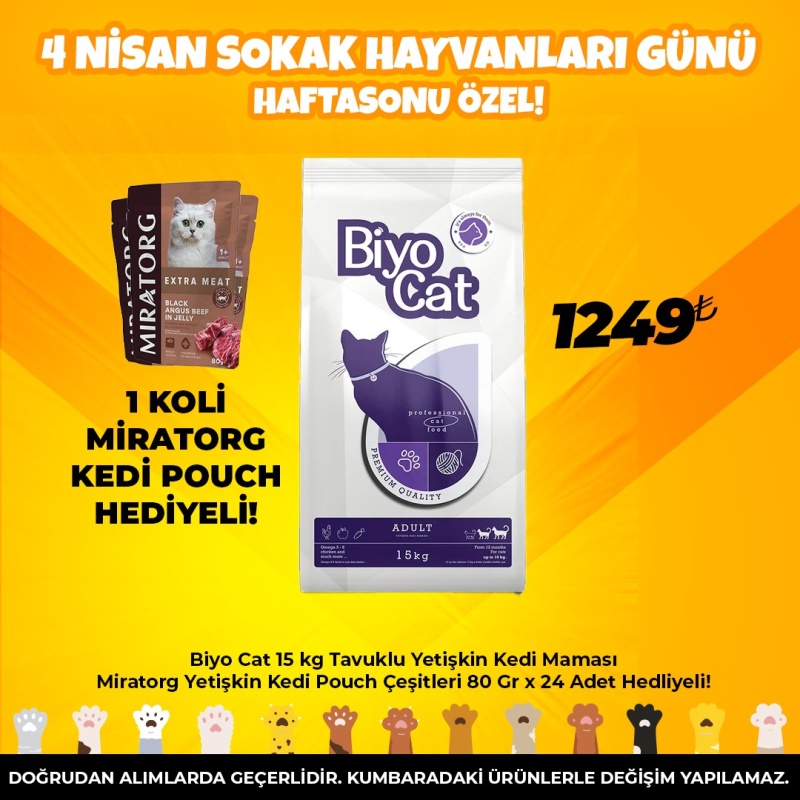 Biyo Cat 15 kg Tavuklu Yetişkin Kedi Maması Miratorg Yetişkin Kedi Pouch Çeşitleri 80 Gr x 24 Adet Hedliyeli!