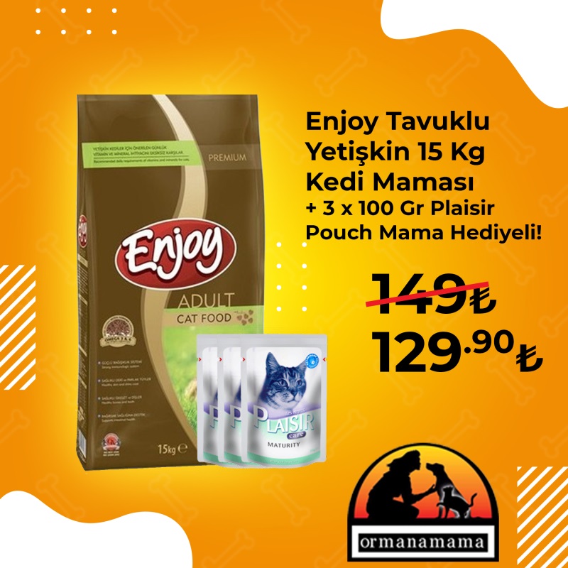 Enjoy Tavuklu 15 Kg Yetişkin Kedi Maması 3 Adet Plaisir 100 Gr Pouch Hediyeli