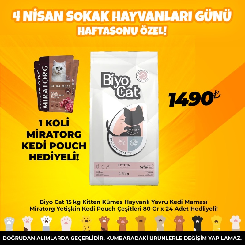 Biyo Cat 15 kg Kitten Kümes Hayvanlı Yavru Kedi Maması Miratorg Yetişkin Kedi Pouch Çeşitleri 80 Gr x 24 Adet Hedliyeli