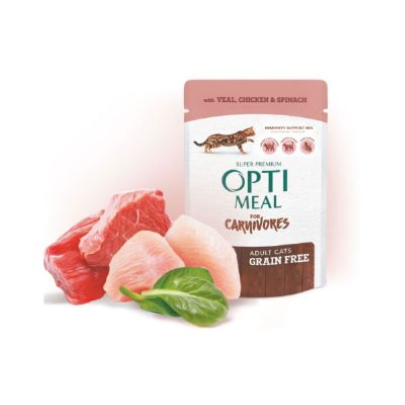 Optimeal Süper Premium Tavuk Filetolu-Ispanaklı Sos İçerisinde Tahılsız Pouch Kedi Maması 85 Gr
