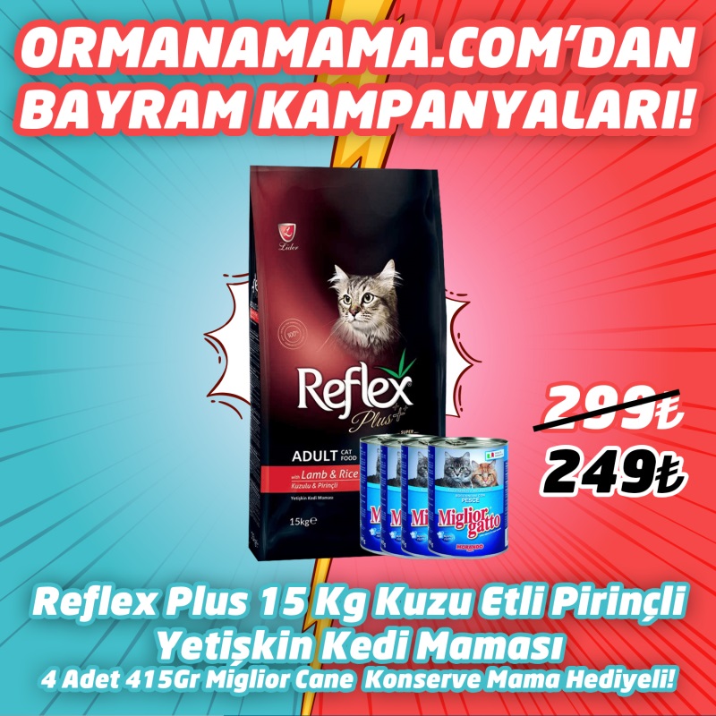 Reflex Plus Kuzu Etli Pirinçli Yetişkin Kedi Maması 15 Kg  4 Adet 415 Gr Miglior Gatto Konserve Hediye