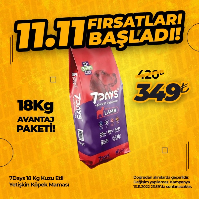 7 Days Kuzu Etli Yetişkin Köpek Maması 18 Kg