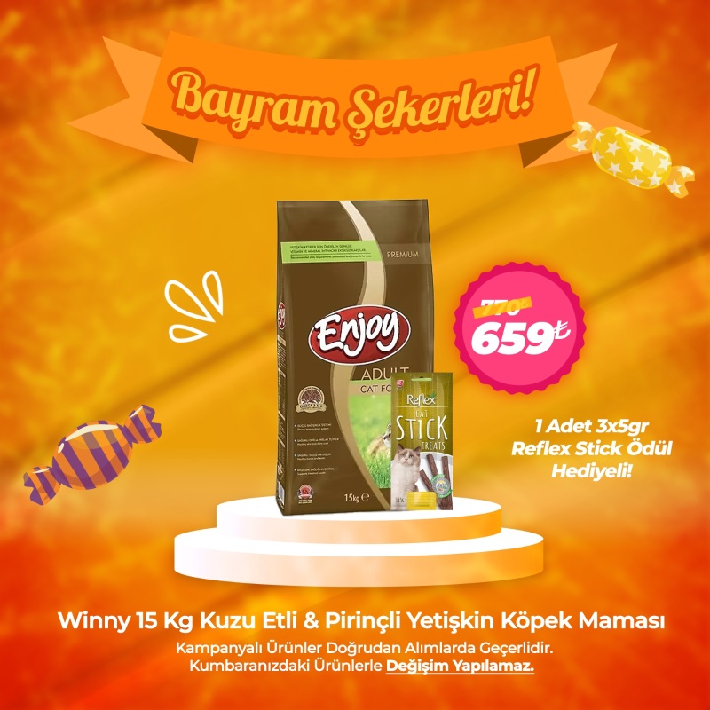 Enjoy 15 Kg Tavuklu Yetişkin Kedi Maması - 1 Adet 3x5gr Reflex Stick Ödül Hediyeli!