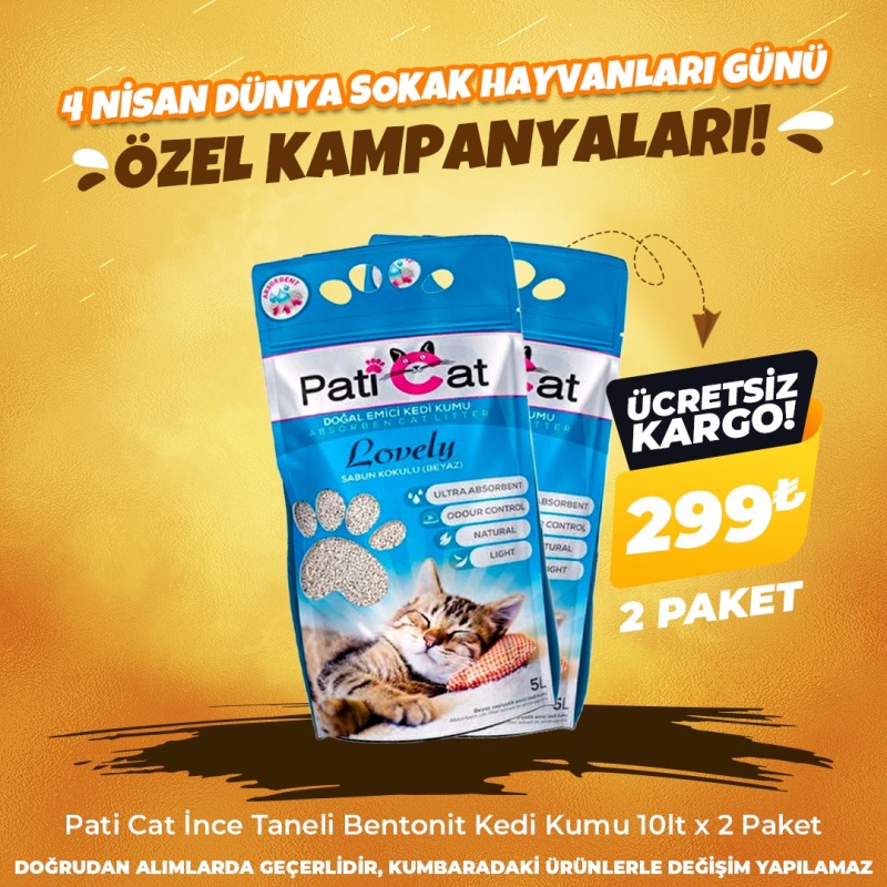 Pati Cat İnce Taneli Bentonit Kedi Kumu 10lt x 2 Paket (4 Nisan Özel)