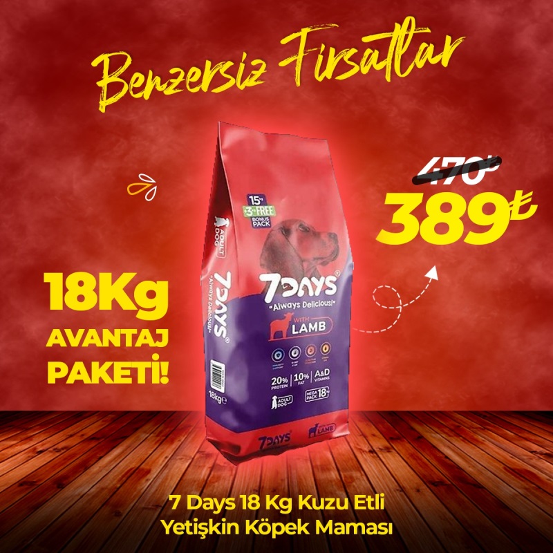 7 Days Kuzu Etli Yetişkin Köpek Maması 18 Kg 