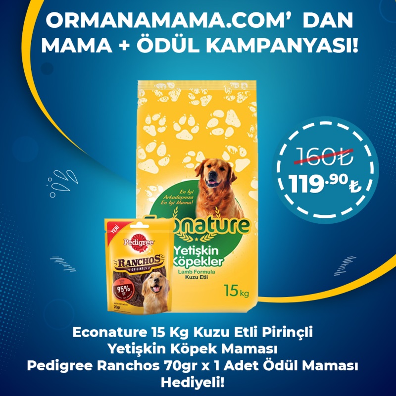 Econature 15 Kg Kuzu Etli Pirinçli Yetişkin Köpek Maması Pedigree Ranchos 70gr x 1 Adet Ödül Maması Hediyeli!