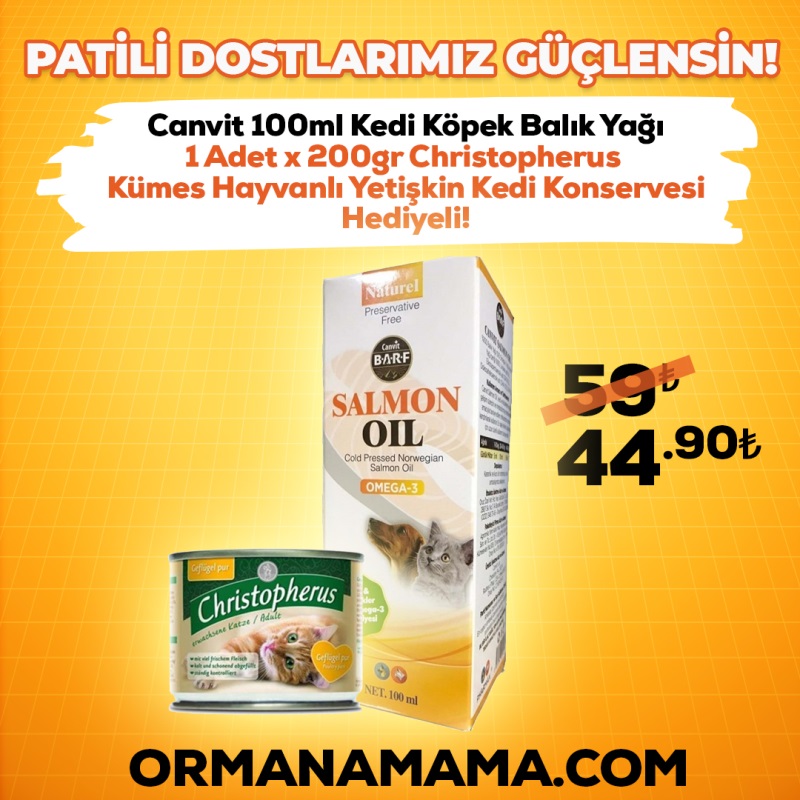 Canvit 100ml Kedi Köpek Balık Yağı 1 Adet x 200gr Christopherus  Kümes Hayvanlı Yetişkin Kedi Konservesi Hediyeli!