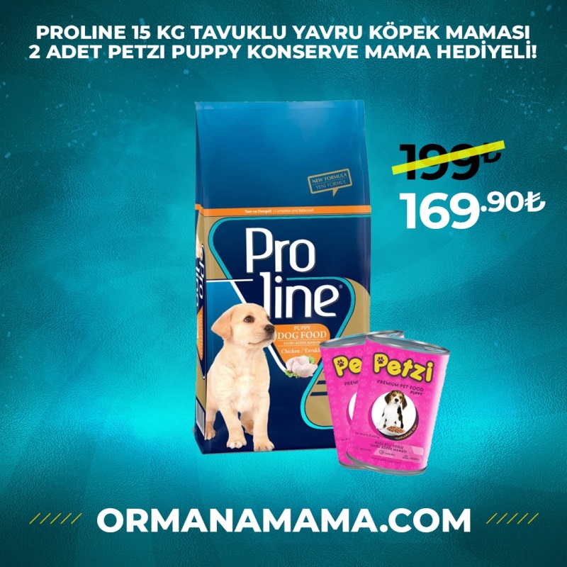 PROLINE 15 KG TAVUKLU YAVRU KÖPEK MAMASI 2 ADET PETZI PUPPY KONSERVE MAMA HEDİYELİ!