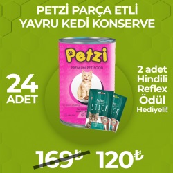 Petzi Cat Premium Kitten Yavru Kedi Konserver Mama  x 24 Adet + 2 Adet Reflex Stick Hindili Ödül Hediyeli!
