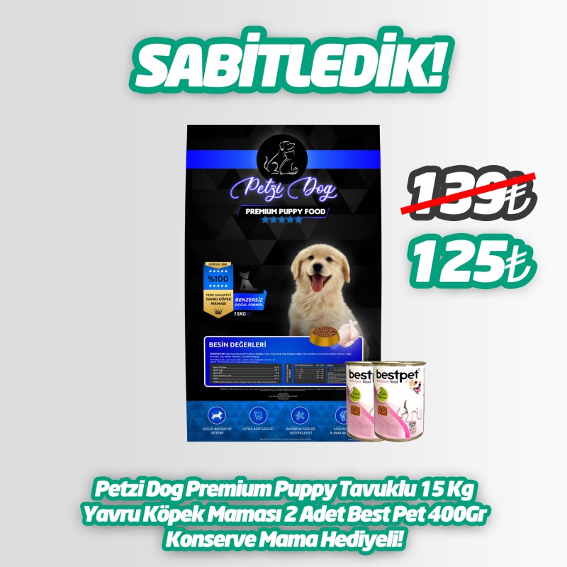 Petzi Dog Premium Puppy Tavuklu 15 Kg Yavru Köpek Maması 2 Adet Best Pet 400Gr Konserve Mama Hediyeli