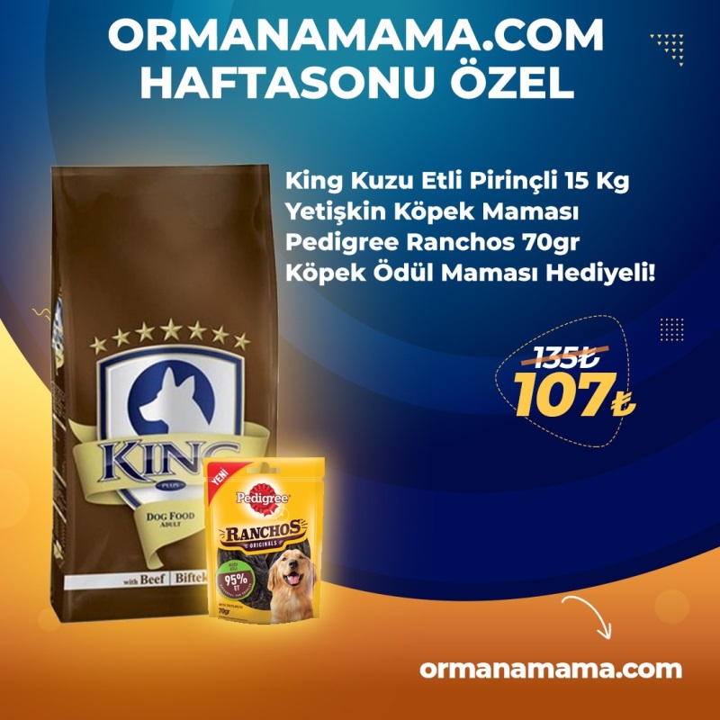 King 15 Kg Biftekli Yetişkin Köpek Maması + Pedigree Ranchos 70 Gr Ödül Maması Hediyeli