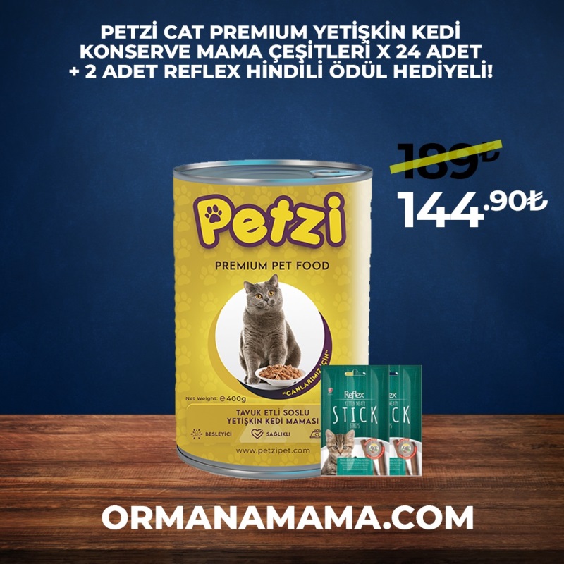 PETZİ CAT PREMIUM YETİŞKİN KEDİ KONSERVE MAMA ÇEŞİTLERİ X 24 ADET + 2 ADET REFLEX HİNDİLİ ÖDÜL HEDİYELİ!