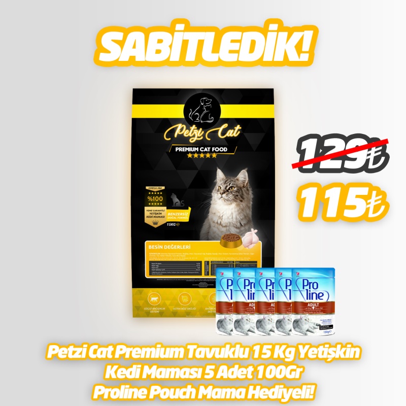 Petzi Cat Premium Tavuklu 15 Kg Yetişkin Kedi Maması  5 Adet 100Gr Proline Pouch Mama Hediyeli
